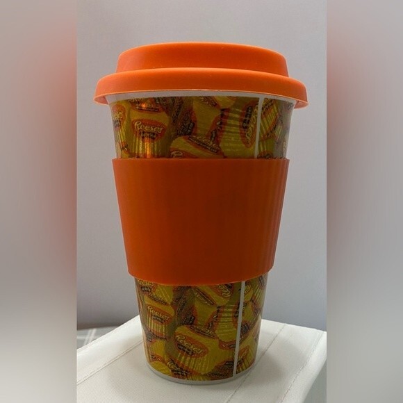 Reese's Peanut Butter Cup 12 oz Ceramic Cup Travel Mug with silicone grip & lid - Picture 3 of 7